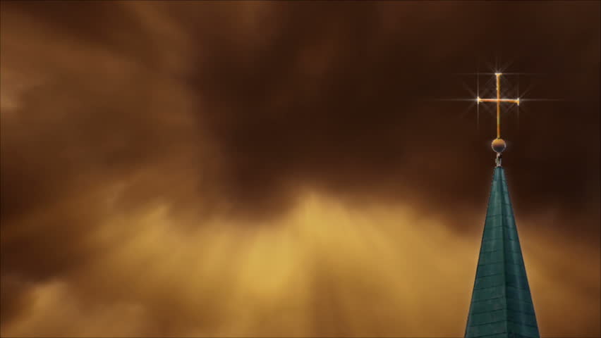 Golden motion clouds with a gleaming cross atop a tall steeple in a seamless 30 second loop.