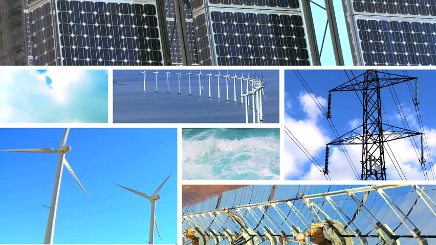 Montage collection of wind turbines & solar panels producing clean sustainable energy
