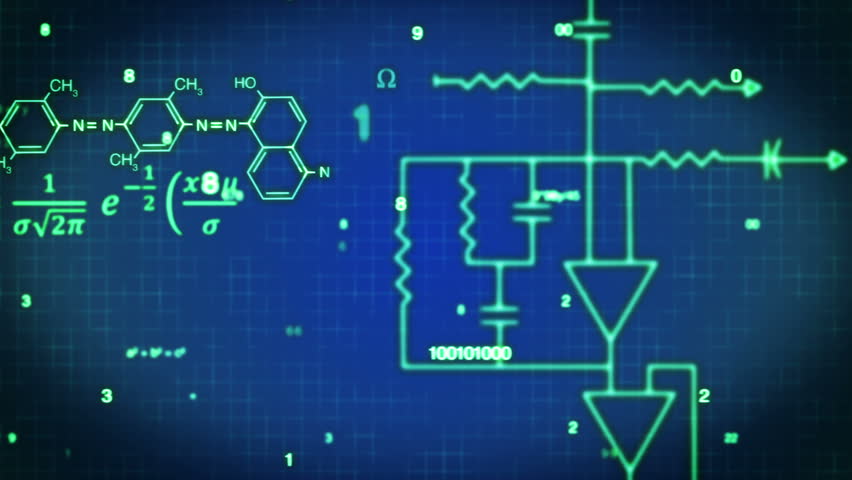 Looping shot of numbers, scientific symbols, formulas, graphs and structures crossing the screen. Symbolizing working on physics, chemistry, math and biology. Computer interior circuit board.