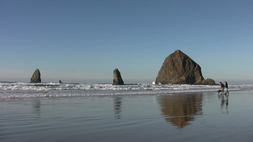A couple and their dog walk along Cannon Beach in Oregon. The famous Haystack Rock is in the background
