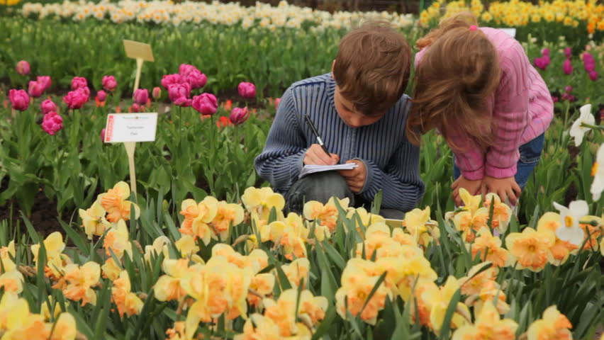 little boy and girl sit on footpath near flowerbeds, he writes in notebook information about flowers, she looks