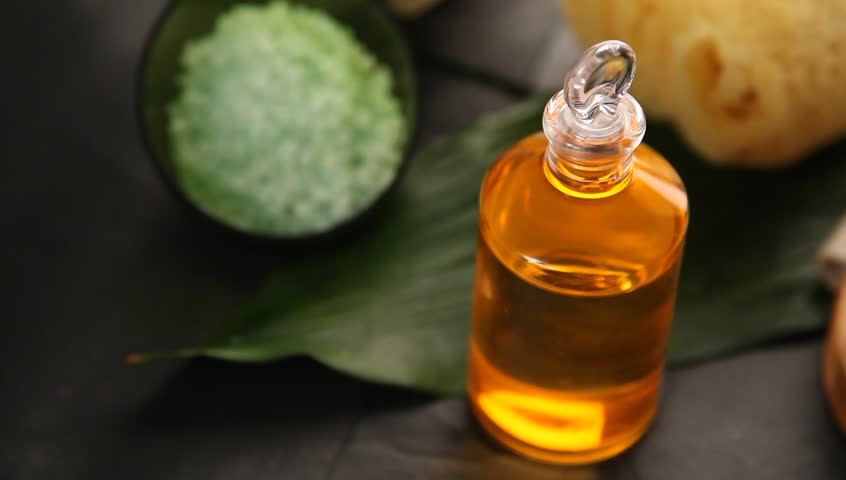 Closeup of massage oil bottle