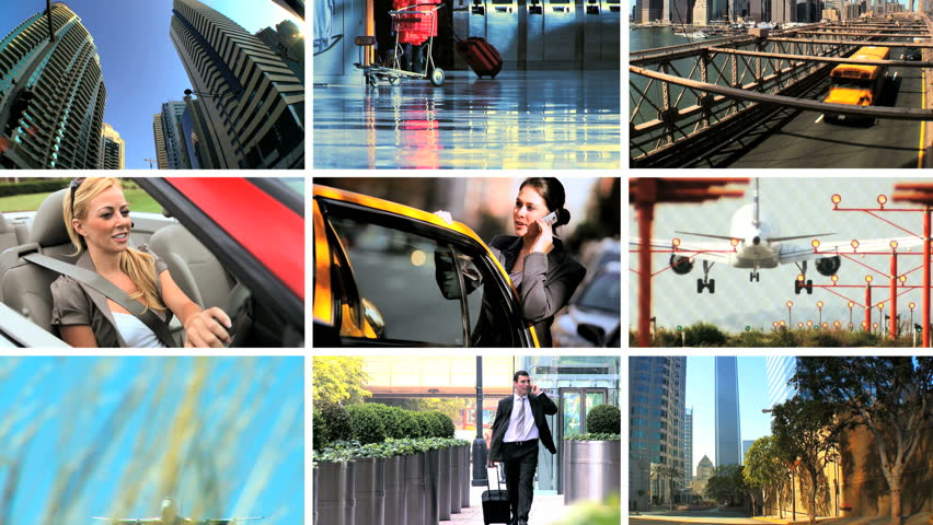 Montage clips of multiple forms of transport used for business travel