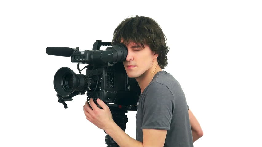 Professional cameraman, isolated on white background
