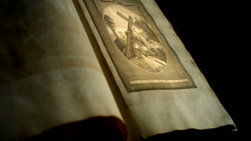 Famous biblical passages, scripture verses, and scenes depicted in an old english bible.