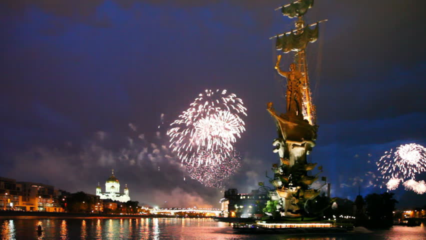MOSCOW - MAY 9: Bright fireworks of devoted to Day of Victory in Great Patriotic War erupt around monument to Peter Great in Moscow at night on May 9, 2010 in Moscow, Russia.