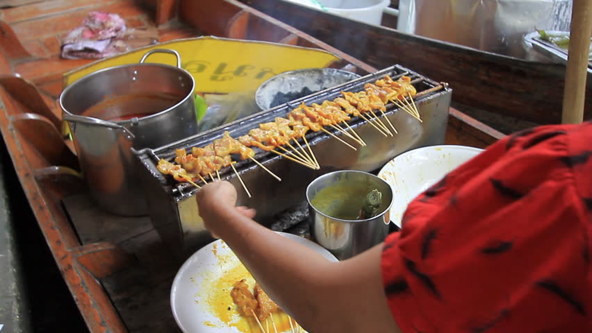 Pork Satay Thai food on the boat to the floating market in Thailand 
