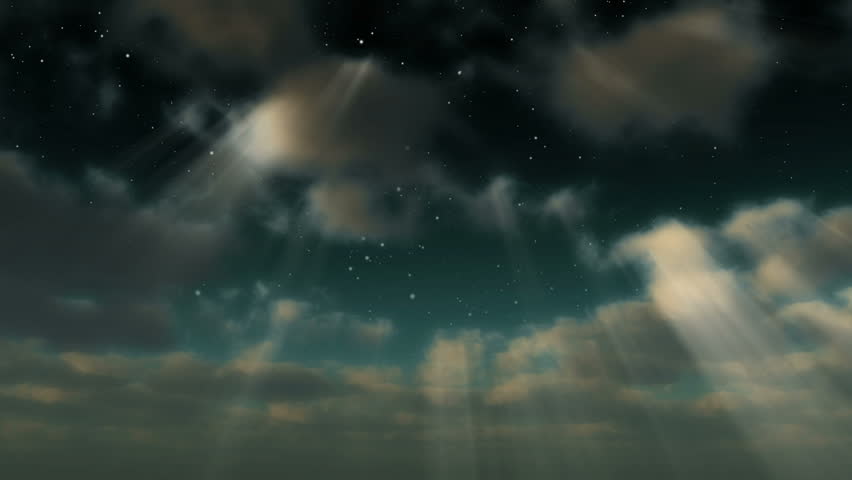 A starry sky emerges through beams of light through clouds.