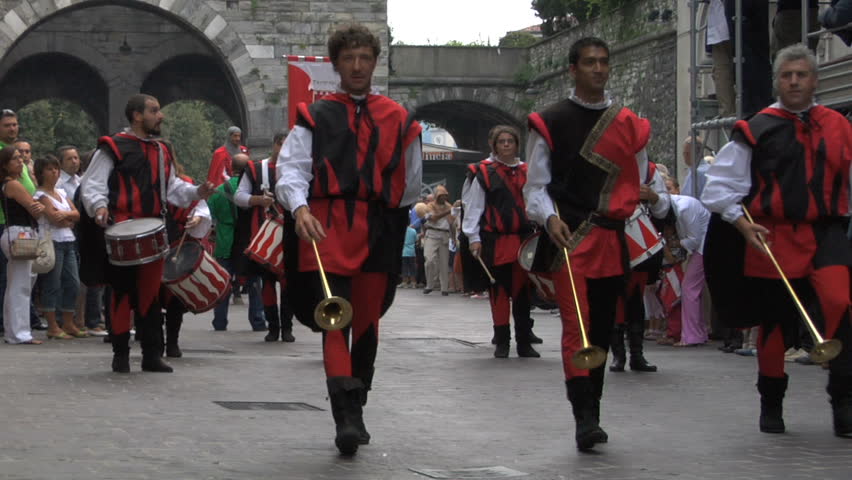 COMO, ITALY - CIRCA SEPT 2011:  Palio del Baradello re-enacts Barbarossa's visit to his allies in Como after defeating Milan in the 1159 battle, circa Sept 2011, Como, Italy. Period dances, games and shows create a medieval atmosphere at this annual event