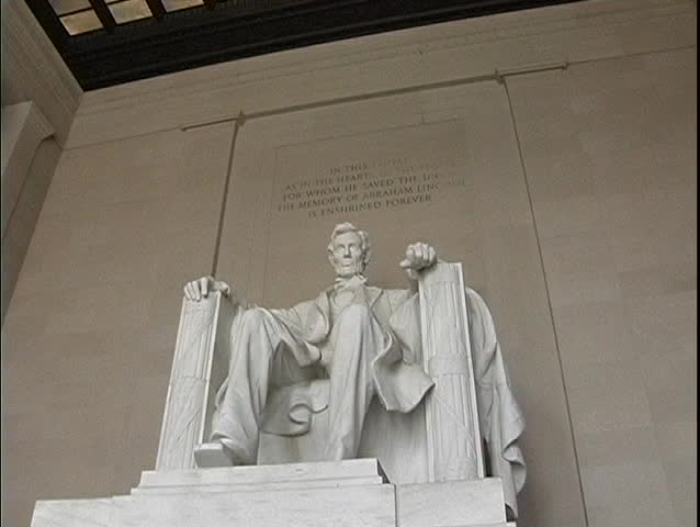The seated sculpture of Abraham Lincoln marks  the Lincoln Memorial Monument in Washington, DC