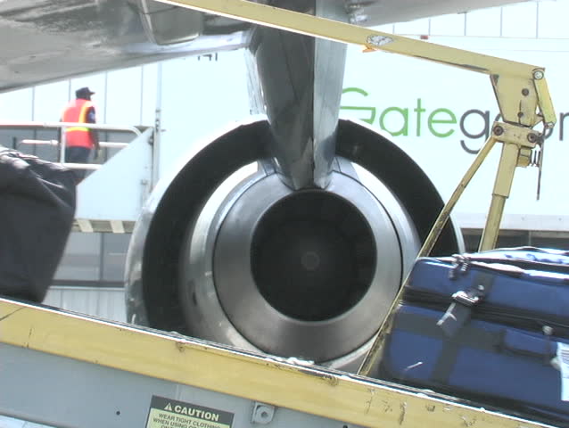 LOS ANGELES, CA - CIRCA 2006: An airline employee unloads cargo from a conveyor belt circa 2006 in Los Angeles, CA.