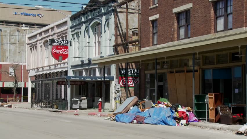 Junk and refuse sits on the street during the cleanup after Hurricane Ike in Galveston, Texas.