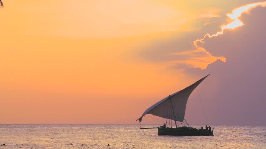 A beautiful shot of a dhow sailboat sailing along the coast of Zanzibar against a beautiful sunset.