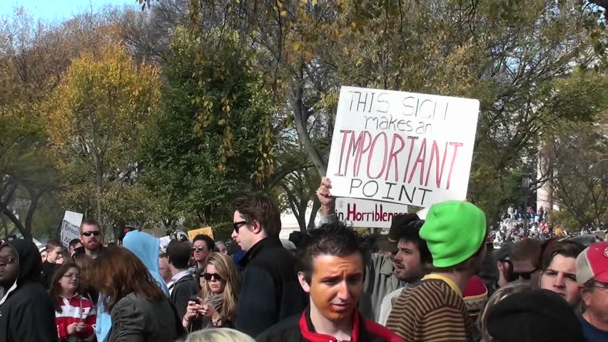 WASHINGTON, DC - CIRCA 2010: An ironic sign announces its own importance at the Jon Stewart Stephen Colbert rally circa 2010 in Washington DC.