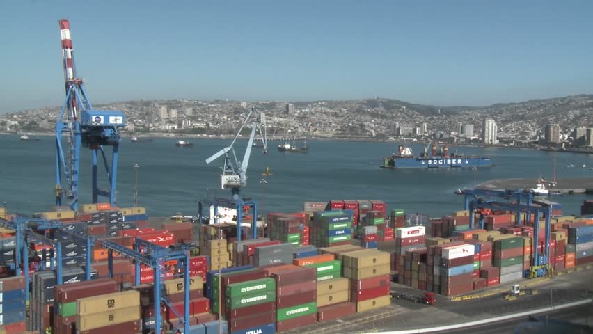 CHILE - CIRCA 2009: Pan across the container yard at the port of Valparaiso circa 2009 in Chile.