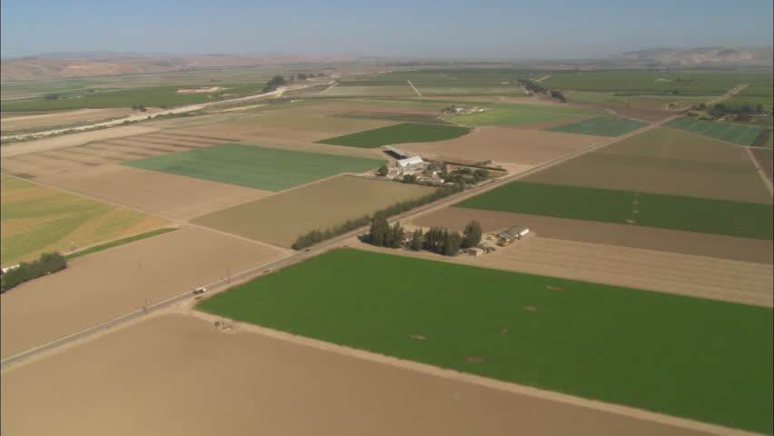 Helicopter aerial of farmland in the Salinas Valley, California.
