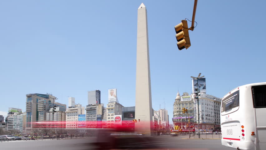 BUENOS AIRES - OCTOBER 14: (Timelapse View) The national landmark Obelisk at the intersection of 9th of July Av. and Corrientes Av. on October 14, 2011 in Buenos Aires, Argentina. 