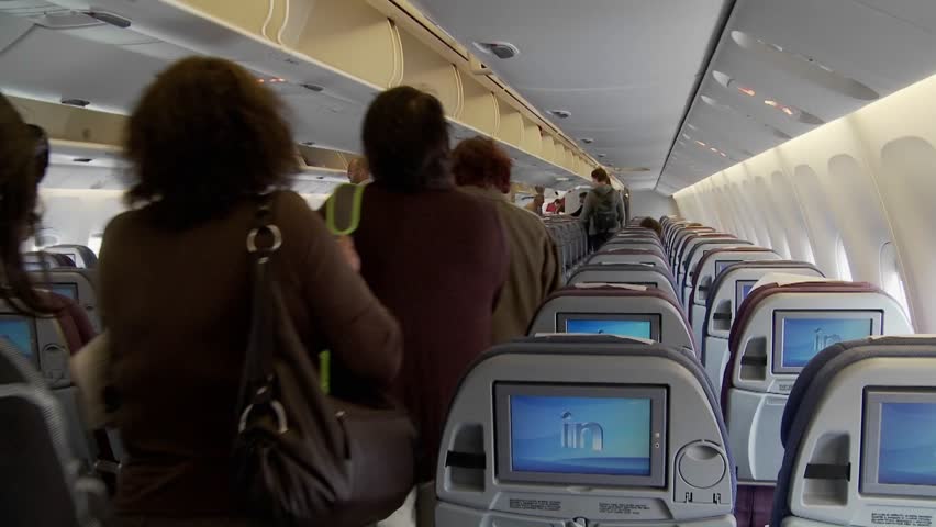 PATAGONIA, SOUTH AMERICA - CIRCA 2009: Passengers board interior of modern airplane circa 2009 in Patagonia, South America.