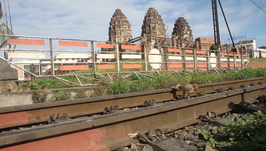 Phra Prang Sam Yot, railway and monkeys in Lopburi, Thailand