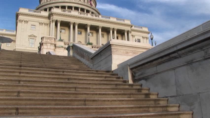 Looking up steps of the landmark U.S. Capitol building in Washington, DC