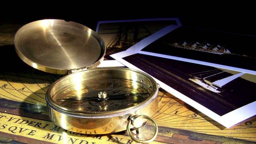 Old photography, boats, sailing ships and golden compass.