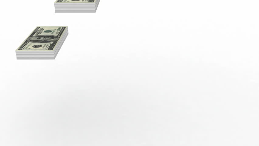 pile of 100 dollars bills stack falling on white background.