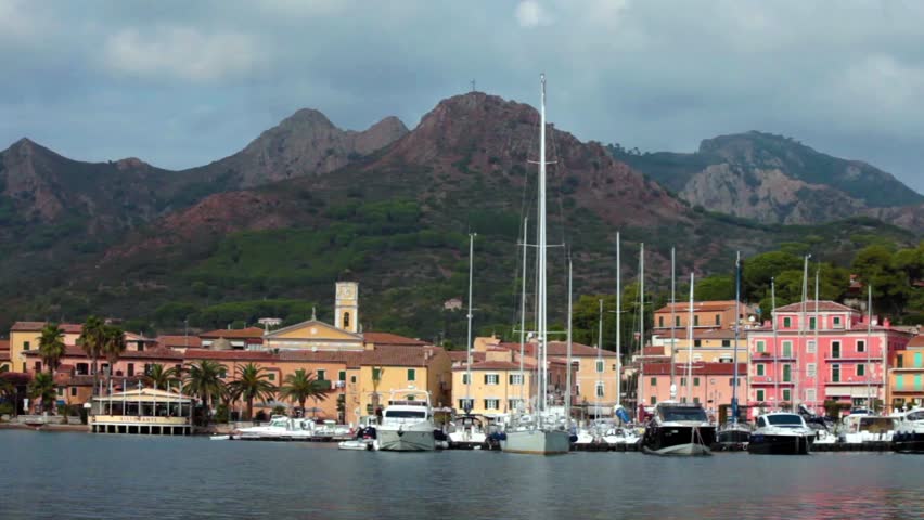 View of the small marina of Porto Azzurro, Elba Island, Italy, video clip.