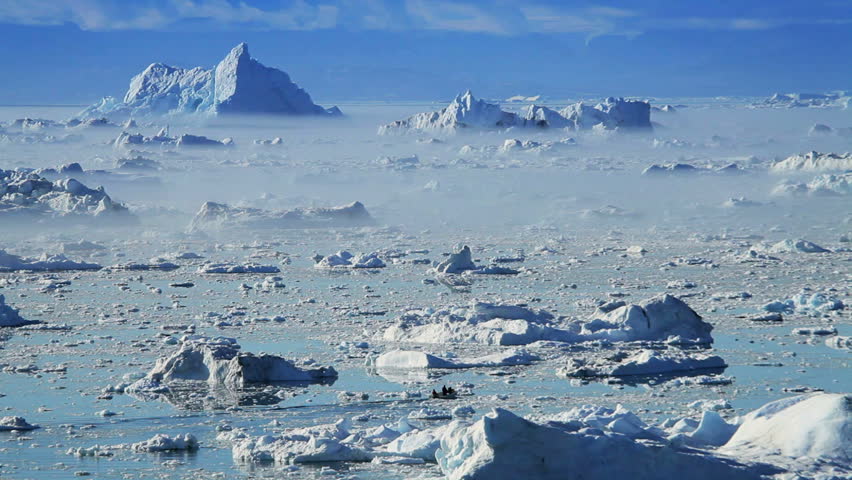 Small Craft Between Ice Floes & Icebergs Arctic Region