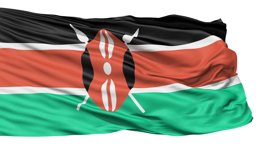 Flying Flag Of Kenya with a Maasai shield and spears symbolising defense of the country.