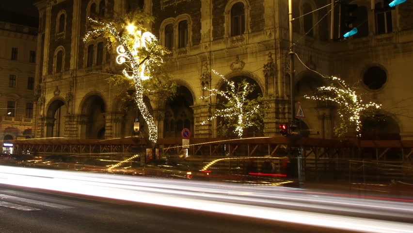 European City at Night Timelapse with Christmas ornaments along the boulvard Budapest Hungary