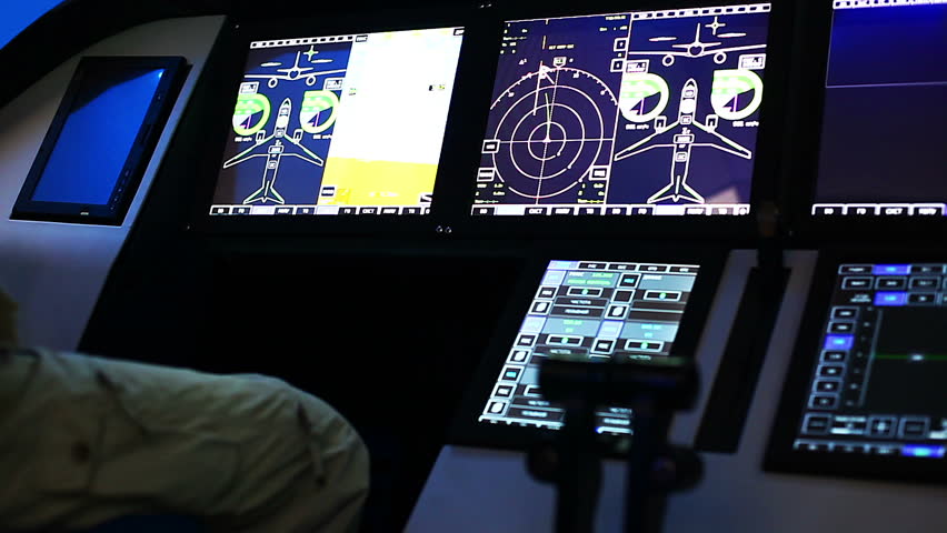 Corporate jet cockpit view with digital navigation panel