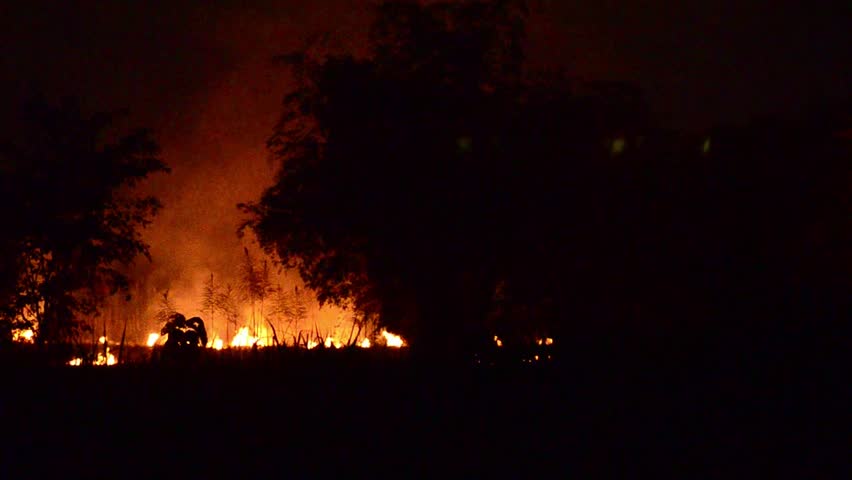 Night movie of a flaming farmland