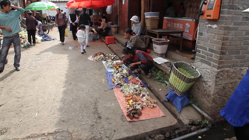 KANGDING, CHINA - AUG 7, 2009: Vendors sort out mushrooms at a market on August 7, 2009 in Kangding.