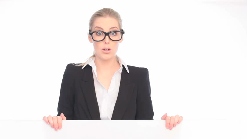Crazy Woman Holding Blank Sign, woman wearing oversized  fun glasses holding a blank sign.