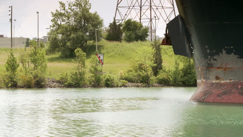 Ship's Bow moving along the Welland Canal toward Lake Ontario, Welland, Ontario, Canada.