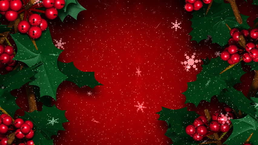 Christmas Holly Ivy with Snow Flakes Falling