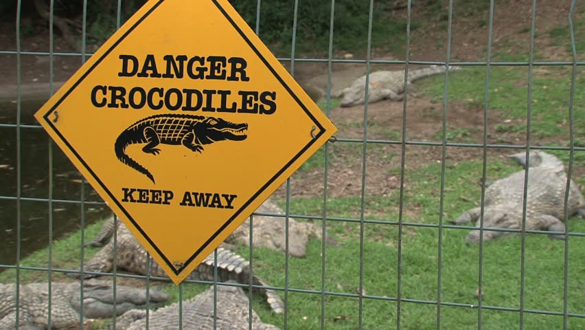Keep Away" sign on crocodile cage
