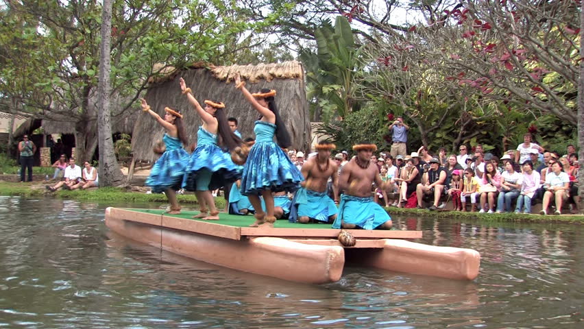 LAIE, OAHU HAWAII CIRCA Feb 2008: BYU college students perform native cultural dances on canoes to earn money for tuition in Laie Hawaii. Number one paid tourist attraction in Hawaii.