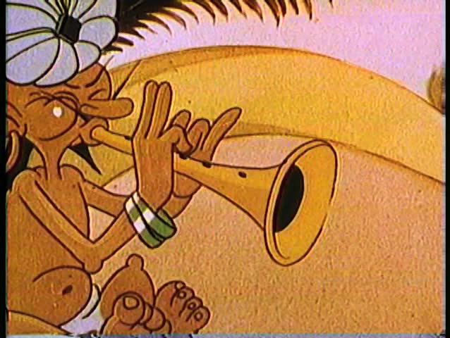 Close-up snake charmer on book cover  playing horn