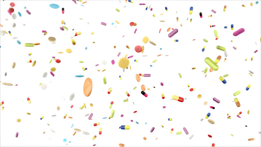 many colorful pills and drugs falling