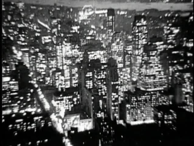 Aerial view of New York City at night, 1930s