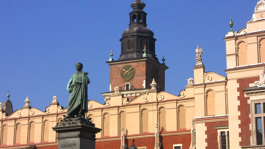 Monument of Great Polish Poet Adam Mickiewicz and Cloth Market, Krakow, Poland