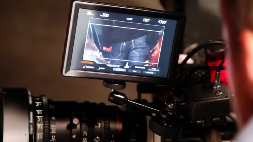 Video shown on display of professional video camera, closeup view
