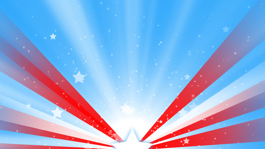 White stars shooting outward from a bottom light blue backdrop along with red rays.