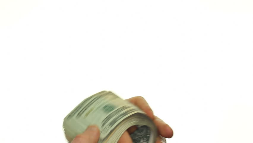 Male Caucasian hands fanning and waving about a $1,000 in various denominations of American paper money in front of a white background because he is happy with all his money.