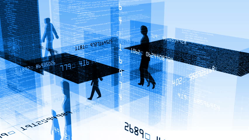 People walking, abstract computer data code typing on screens. HD 1080 Seamless loop. 3D animation. 