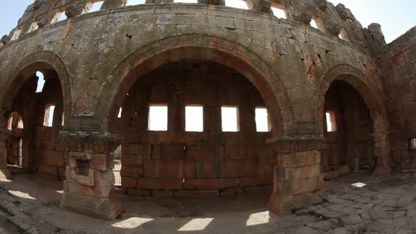 This is one of the best preserved Syrian - Byzantine ecclesiastical building (5th century). Three-nave cathedral. Location The Dead Cities, Qalb Lozeh near Serjilla. Fish-eye shot.