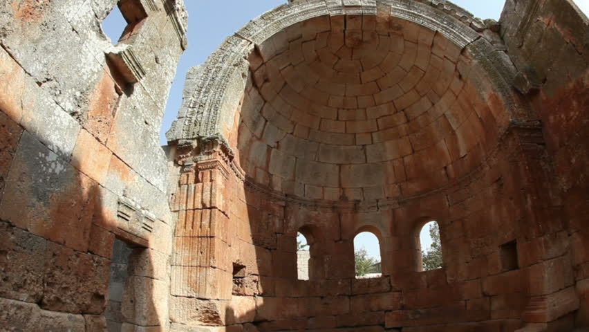 This is one of the best preserved Syrian - Byzantine ecclesiastical building (5th century). Three-nave cathedral. Location The Dead Cities, Qalb Lozeh near Serjilla. Fish-eye shot.