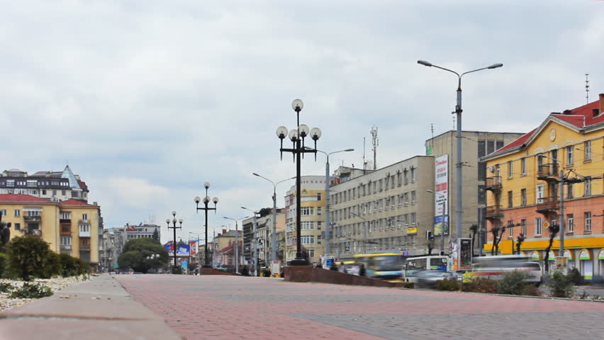 IVANO-FRANKIVSK, UKRAINE - NOVEMBER 11: (Time lapse view) Traffic on main street of city on November 11, 2011 in Ivano-Frankivsk, Ukraine. City has 23 hotels and motels that can place over 1,200 tourists daily.