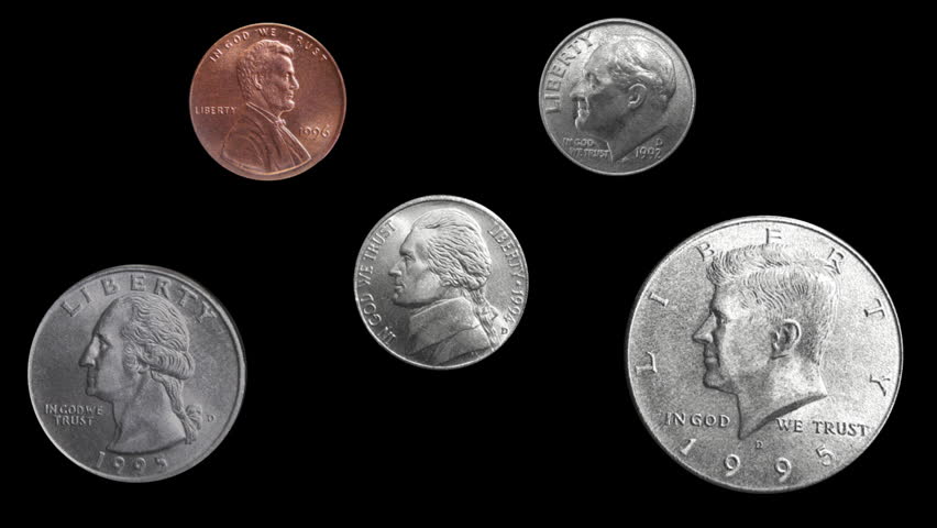 US Coin Rotations (Loop Alpha HD). Arrangement showing both sides of the penny, nickel, dime, quarter and half dollar coins rotating on a loop.